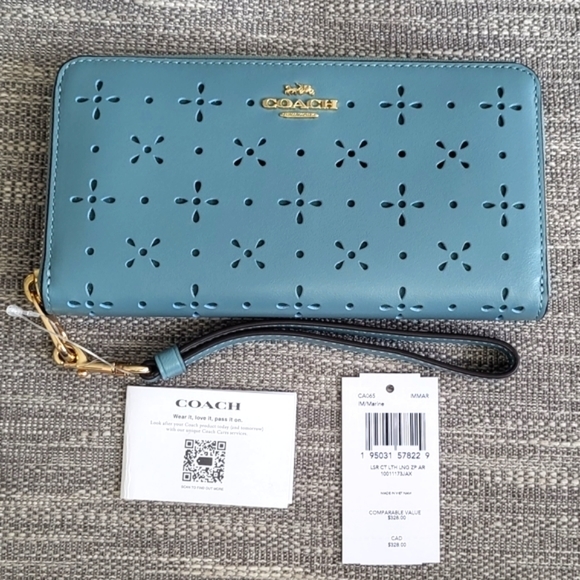 Coach Handbags - Coach Long Zip Around Wallet/Wristlet Detachable Strap Perferated Design Marine